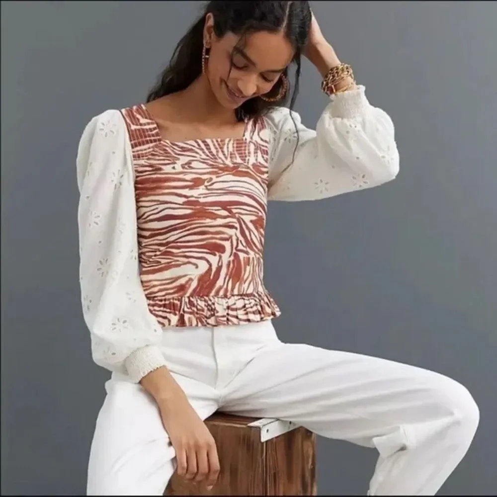 Anthropologie love the label Zebra Print Eyelet Puff sleeve smocked blouse S EUC